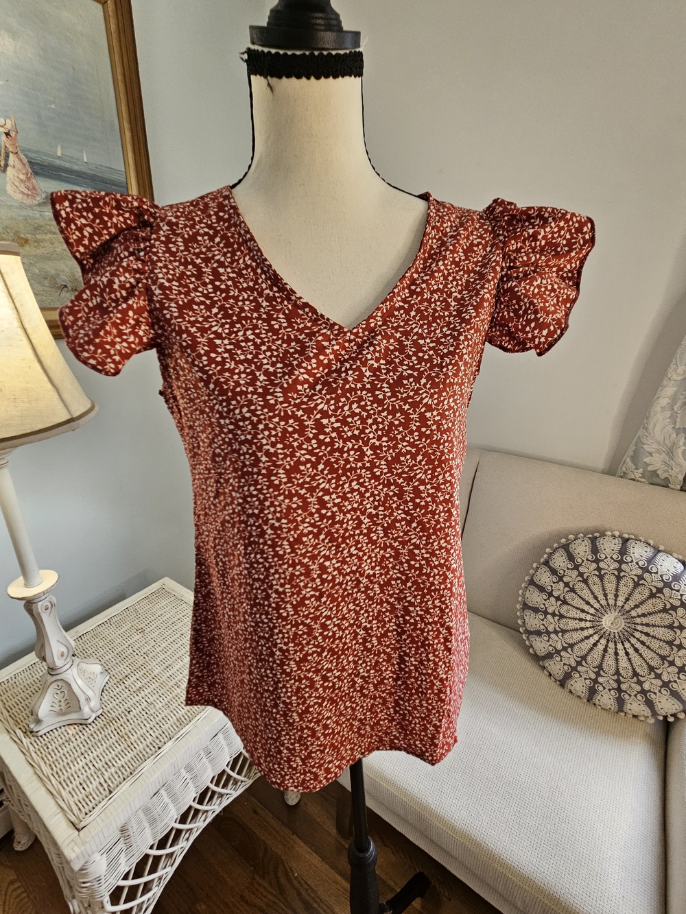 SHEIN Rust Red Floral V-Neck Puff Sleeve Blouse. Thanksgiving . P52